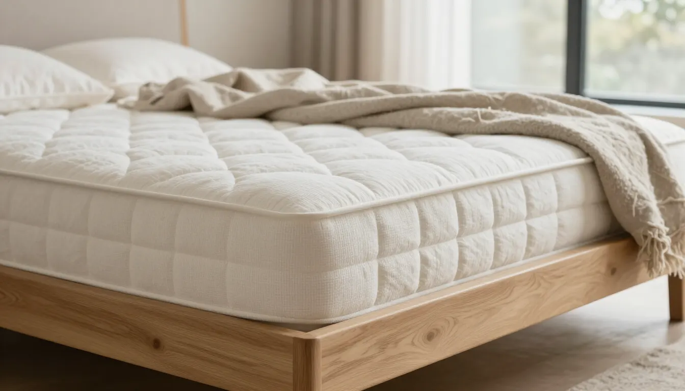 Matelas naturel posé sur cadre en chêne massif