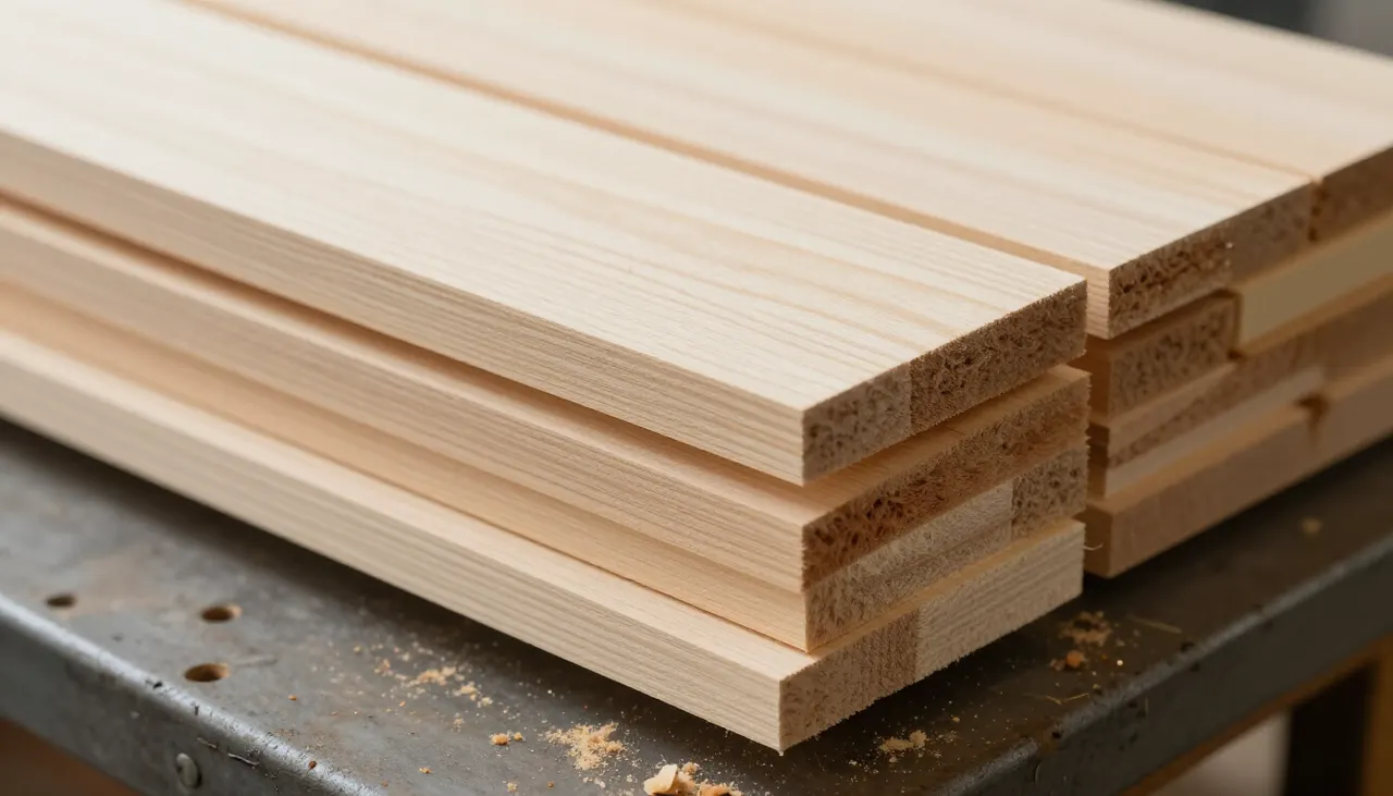 Tasseaux de bois brut sur établi