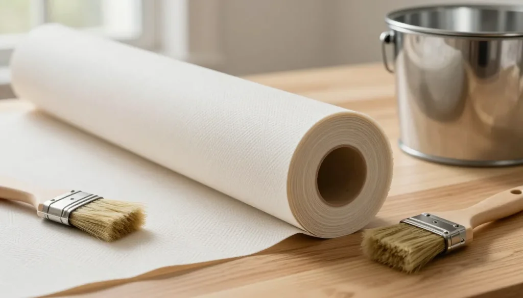 Rouleau de papier peint intissé posé sur une table en bois