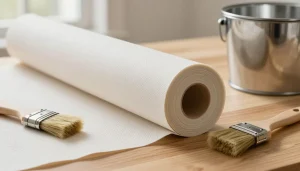 Rouleau de papier peint intissé posé sur une table en bois