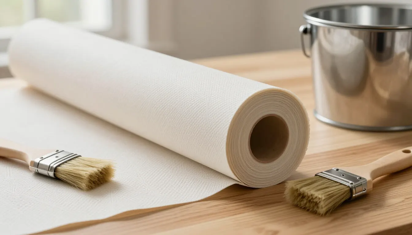 Rouleau de papier peint intissé posé sur une table en bois