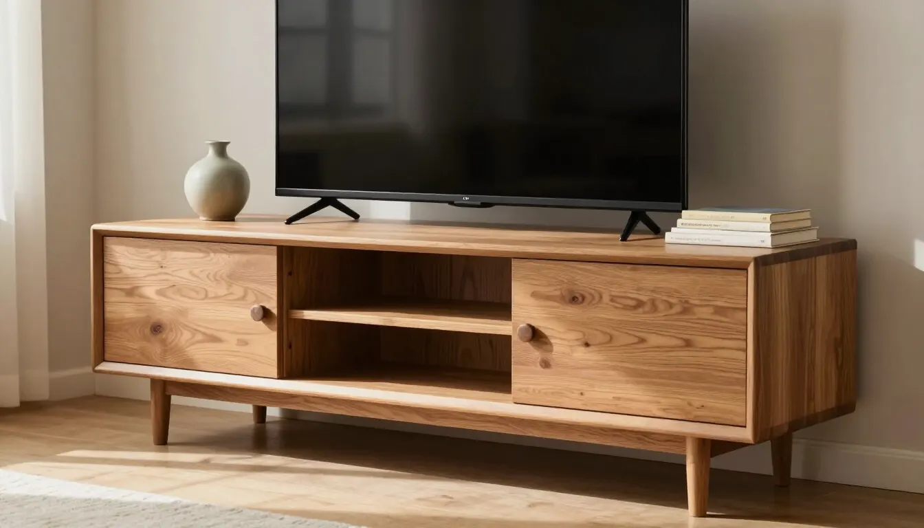 Meuble TV en chêne massif dans un salon lumineux
