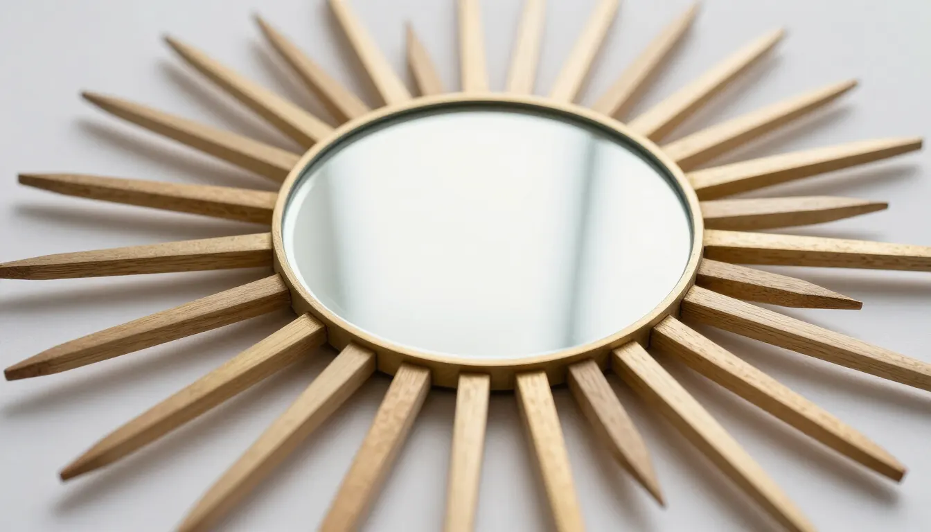 Miroir soleil artisanal posé sur fond neutre
