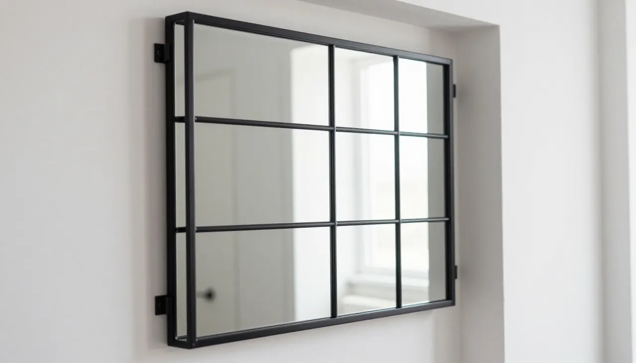 Miroir verrière noir entrouvert sur charnière murale