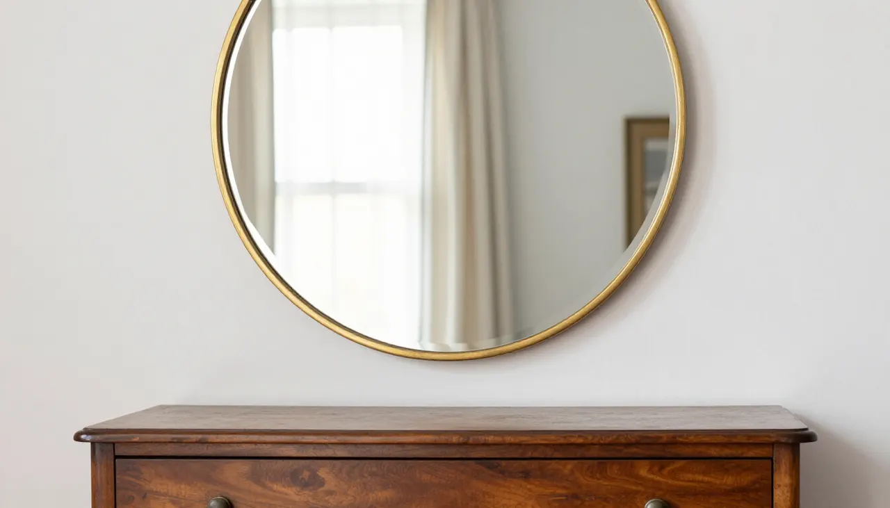 Miroir rond en laiton au-dessus d'une commode