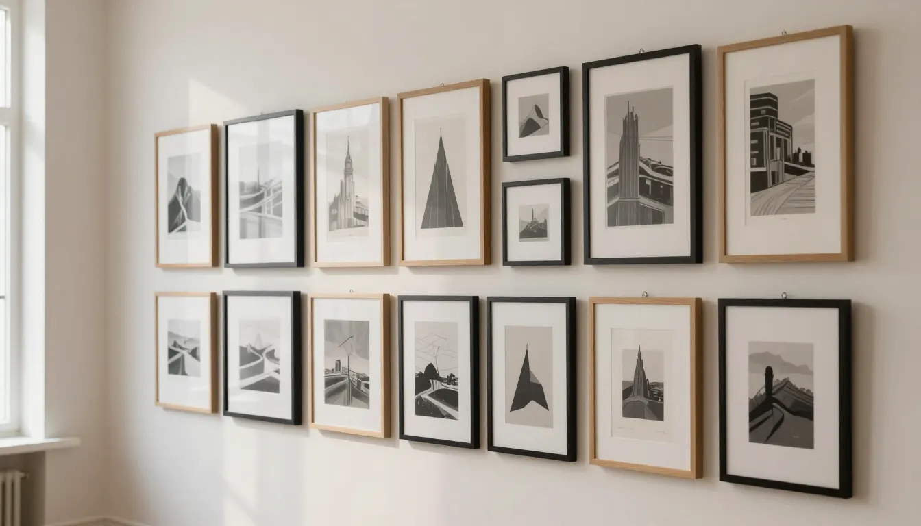 Mur décoré avec une galerie de cadres variés