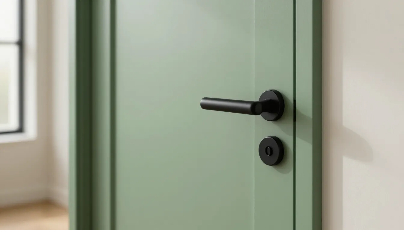 Porte d'intérieur moderne vert sauge et poignée noire