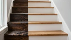 Escalier en bois à moitié rénové