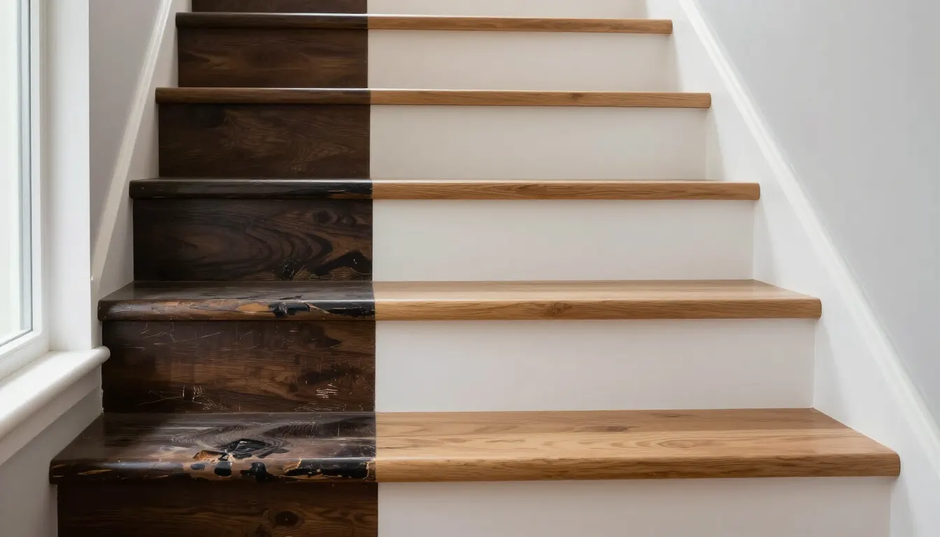 Escalier en bois à moitié rénové