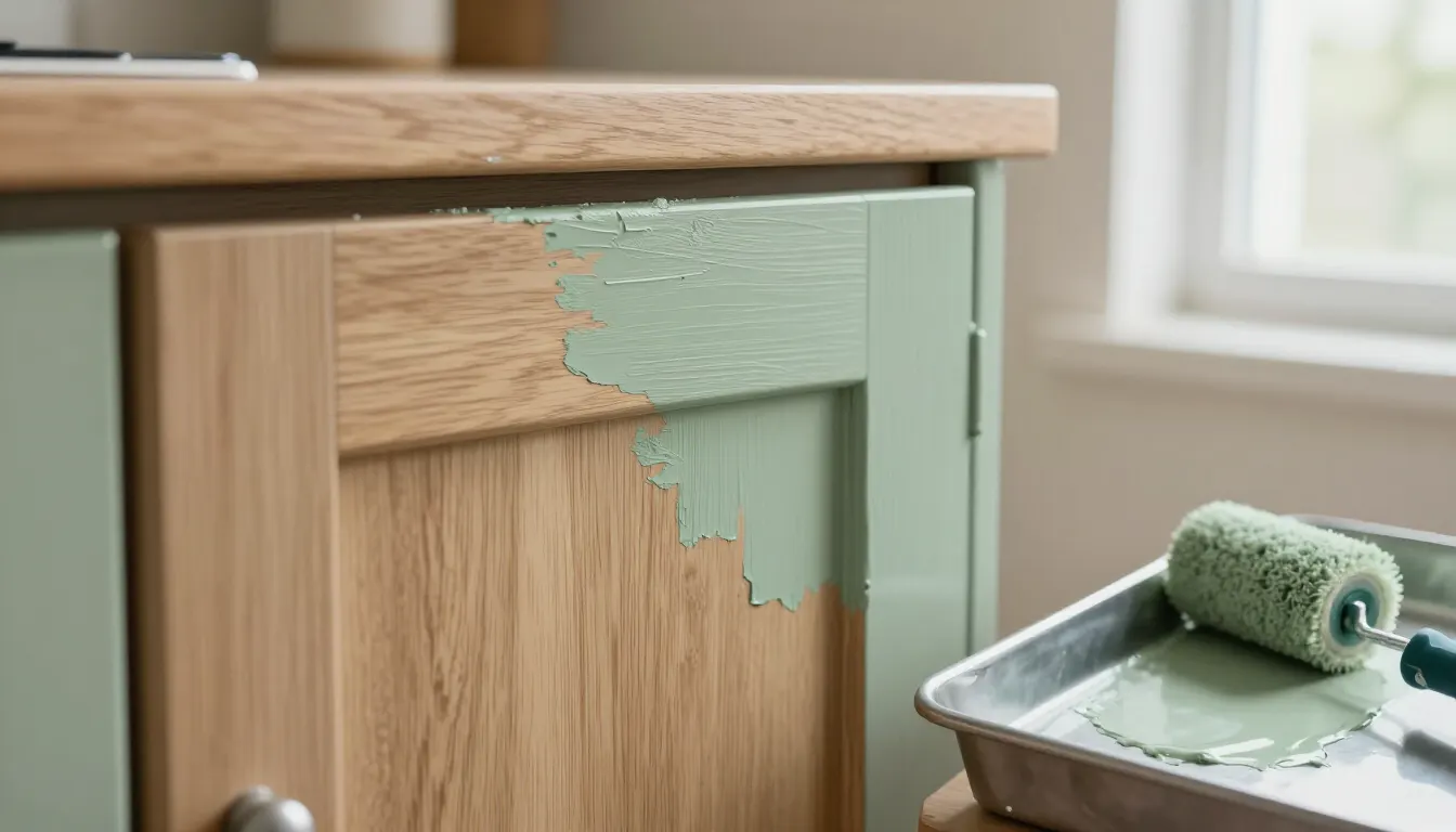 Rénovation d'un meuble de cuisine en vert sauge