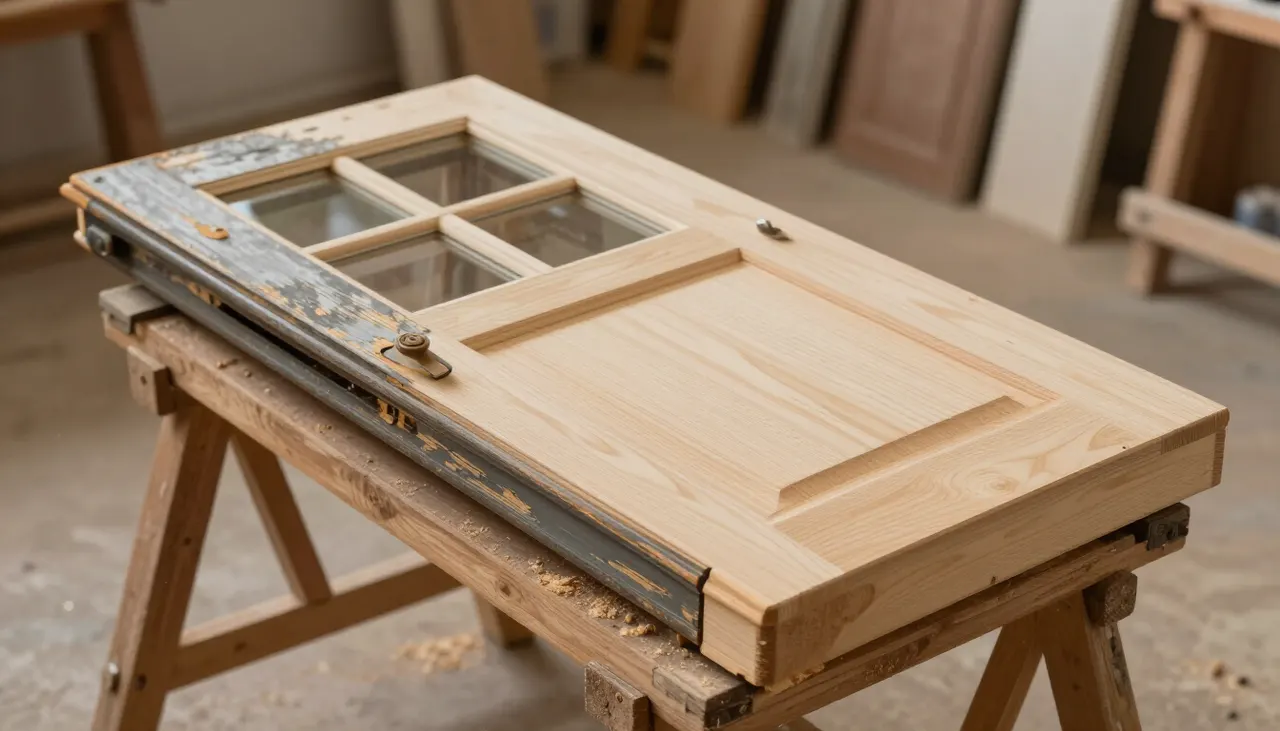 Rénovation d'une porte en bois sur tréteaux