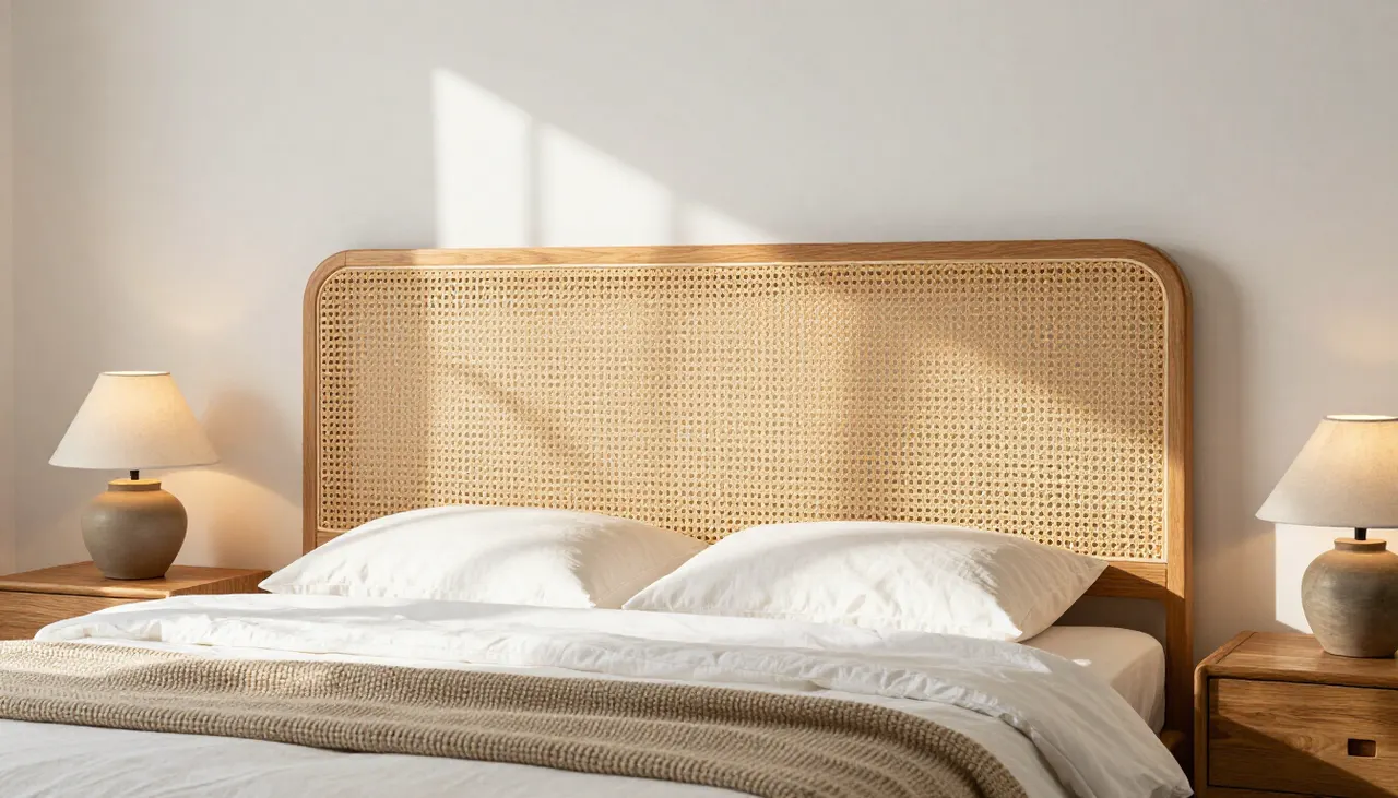 Tête de lit cannage finie dans chambre lumineuse