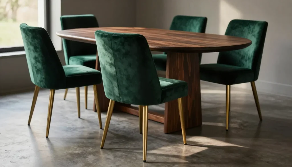 Chaises en velours vert émeraude autour d'une table en noyer