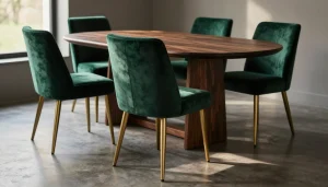 Chaises en velours vert émeraude autour d'une table en noyer
