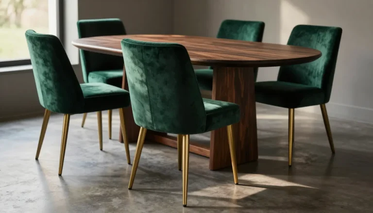 Chaises en velours vert émeraude autour d'une table en noyer