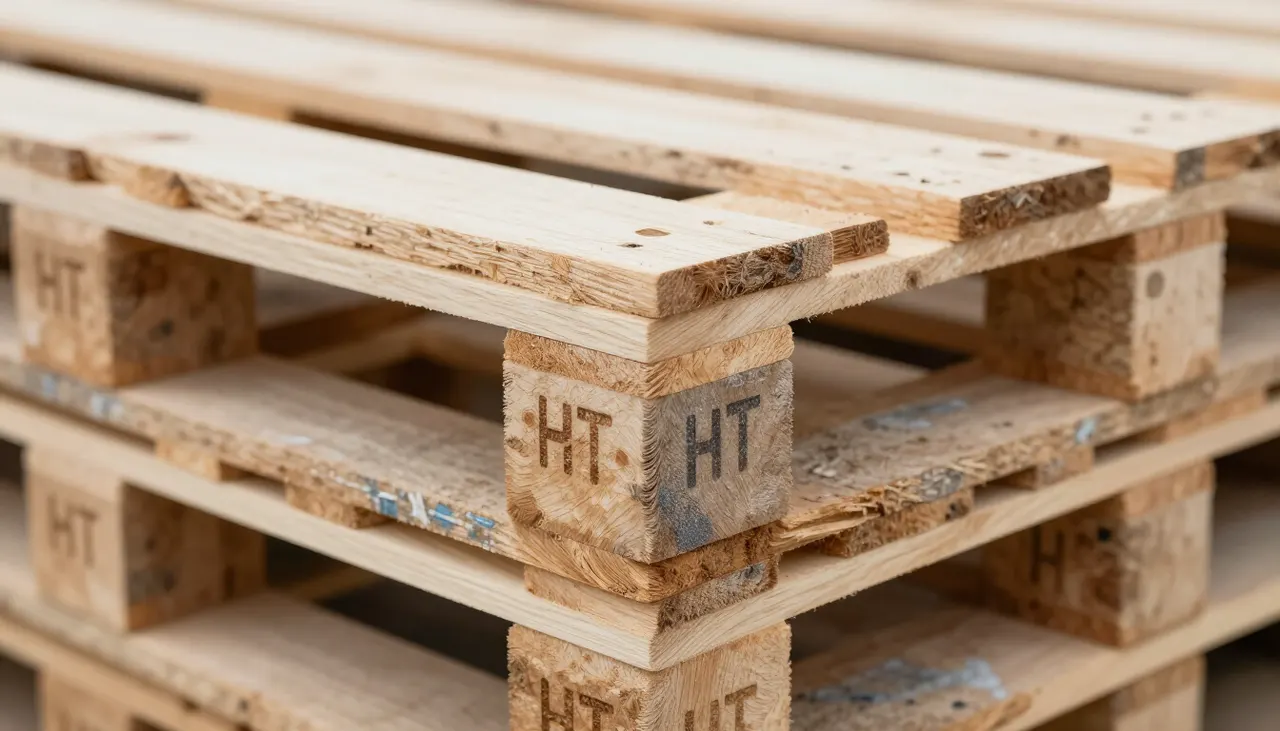 Palettes en bois empilées avec marquage HT