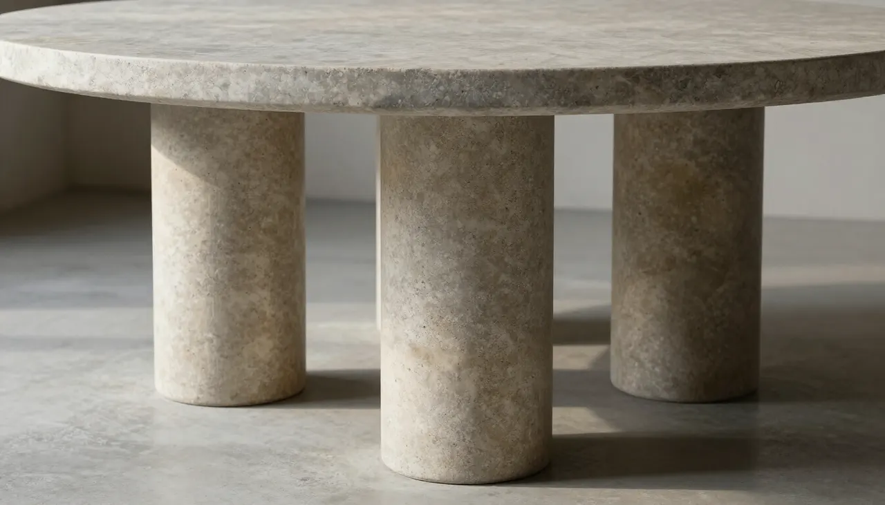 Table en travertin massif aux pieds épais