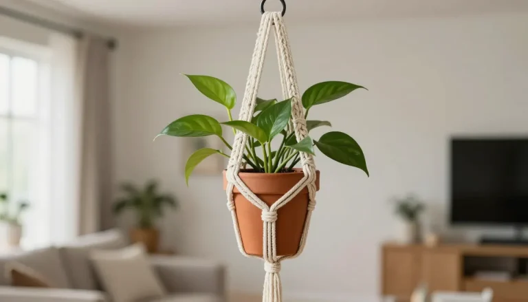 Suspension en macramé avec plante verte dans un salon