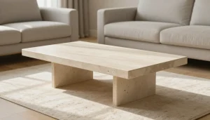 Table basse en travertin dans un salon lumineux