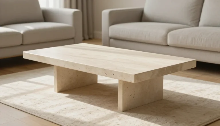 Table basse en travertin dans un salon lumineux