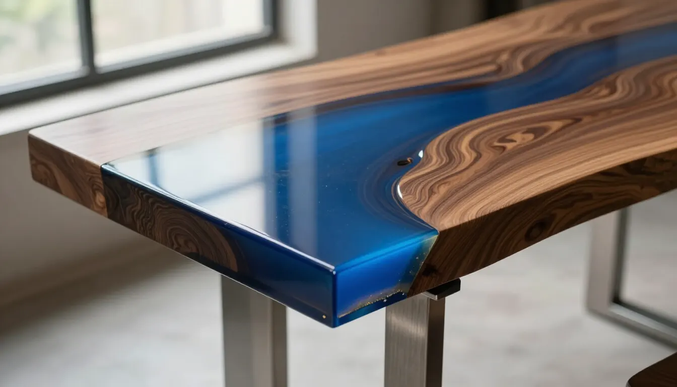 Table rivière en bois et résine bleue