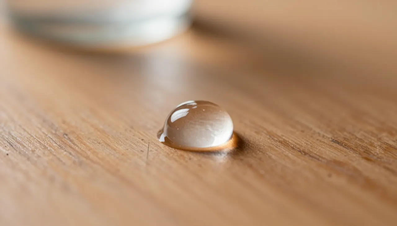 Une goutte d'eau posée sur un parquet rayé
