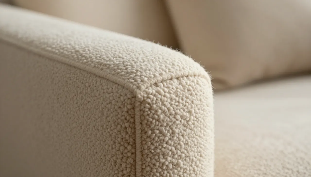 Gros plan sur la texture bouclée d'un tissu beige