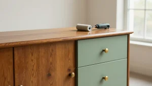 Commode en bois verni en cours de peinture