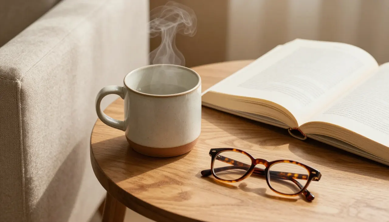 Livre et tasse posés sur un bout de canapé