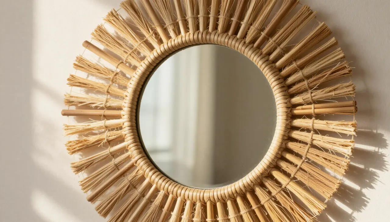 Miroir soleil style bohème en raphia
