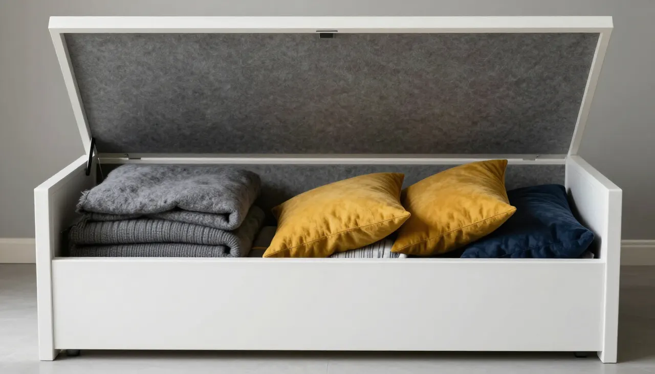 Coffre de banquette ouvert rempli de plaids colorés